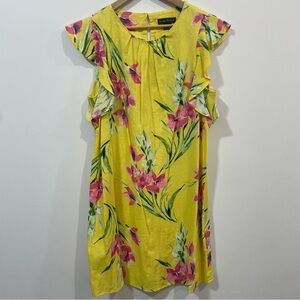 Jessica Howard Linen Blend Floral Tropical Yellow Summer Mini Dress Size 14